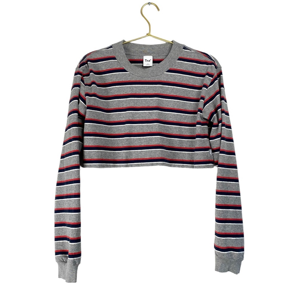 Tna Cropped Long Sleeve Top Striped Gray Red White Blue Size XS 0223